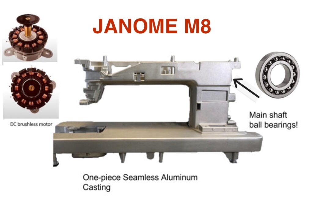 Janome M8 Sewing Machine: Durable Aluminum Frame, Ball Bearings & DC Motor